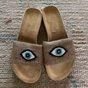 New with tags Italian cork beaded evil eye slide sandals